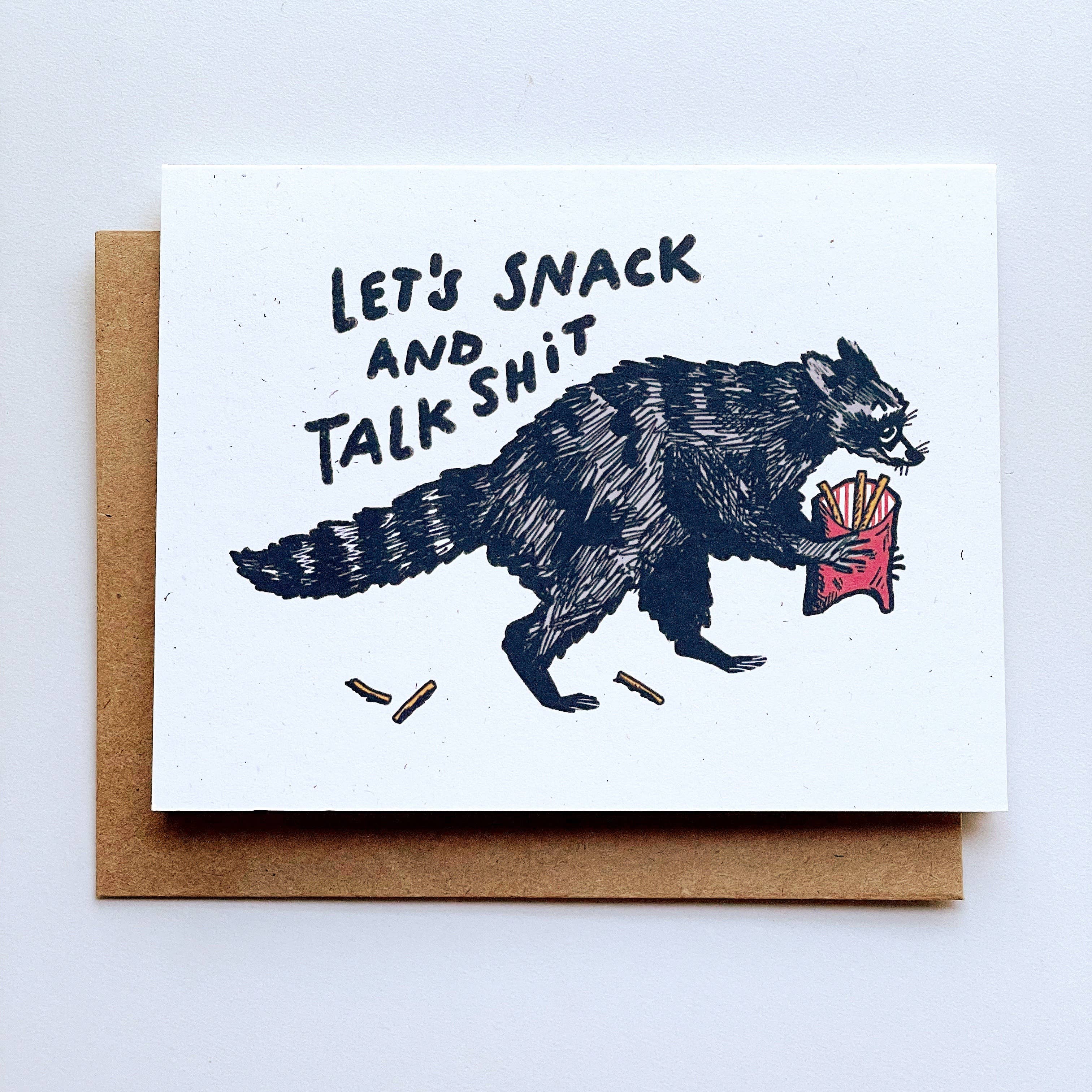 Kendra Lee Miller Art - Wholesale Everyday Greeting Card - Let’s Snack and Talk Shit Raccoon Greeting Card2