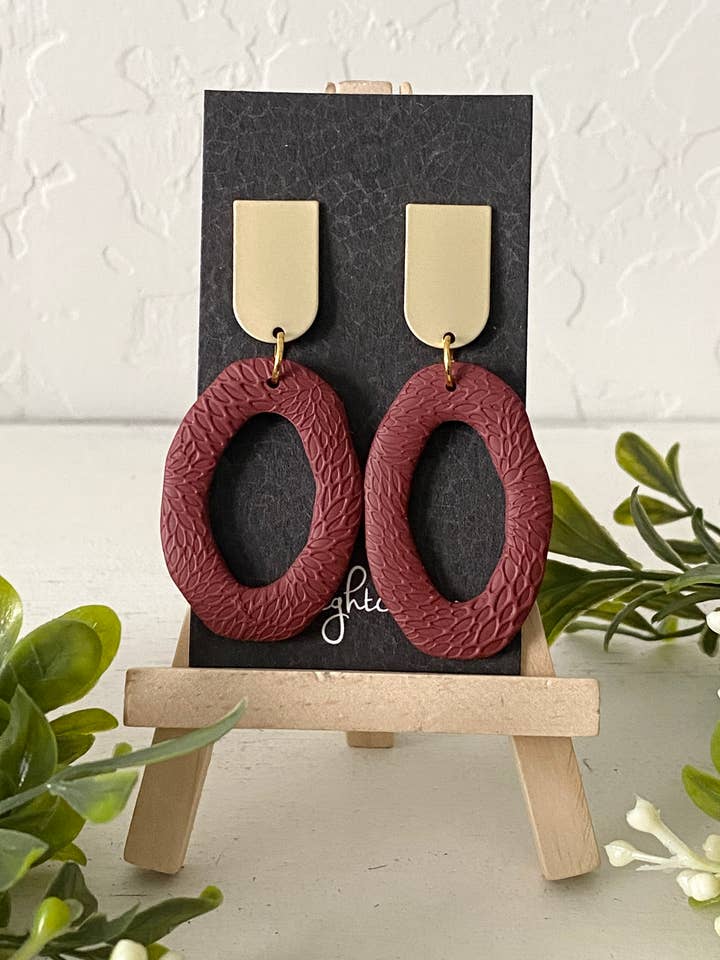 Burgundy Holiday Earrings - Organic Oval Dangle for wholesale by midnightclayco