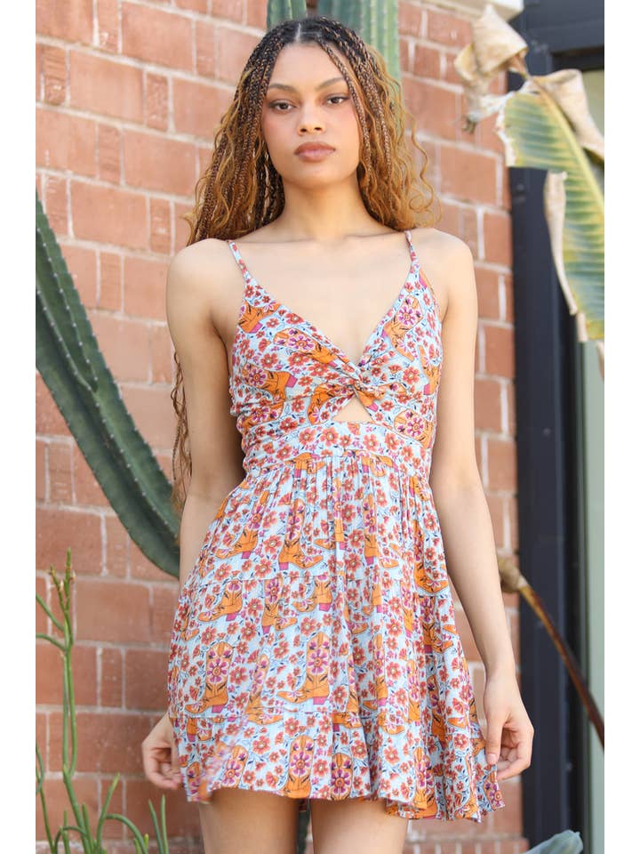 ANGIE - Wholesale Dress - Women's - C4143-WA86 COWGIRL BOOT PRINT V NECK TWIST FRONT SUNDRESS
