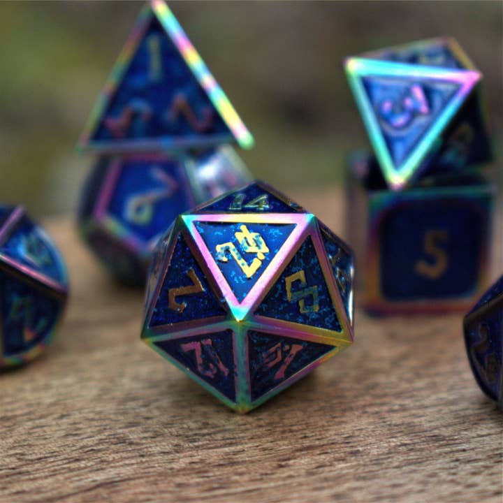 Elder Runes Iridescent And Blue Glitter Metal Dice Set for wholesale by Misty Mountain Gaming