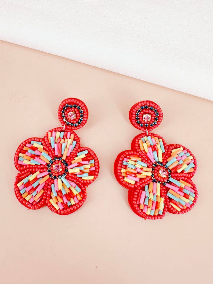 Handbestickte rote Blumenohrringe für den Großhandel von D Bijoux