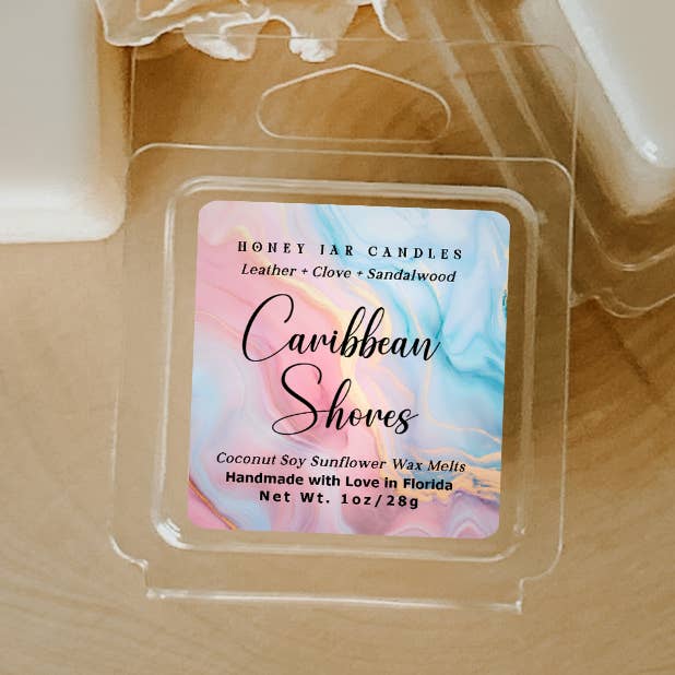 Caribbean Shores | Amber Leather | Coconut Blend Wax Melts for wholesale by Honey Jar Creations