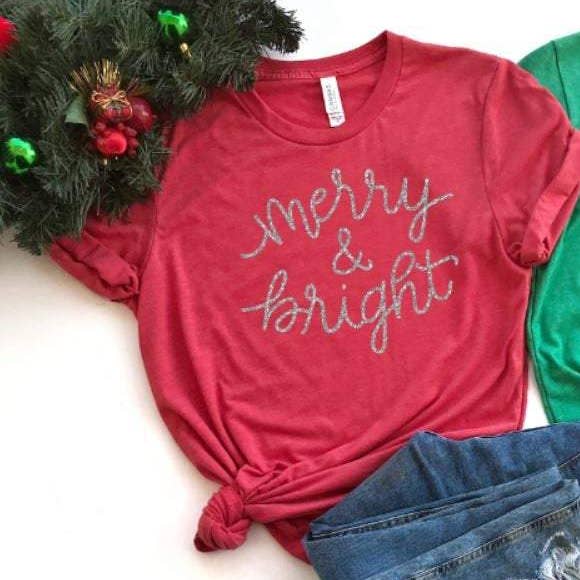 Merry & Bright Unisex Tee (Glitter) Christmas Graphic Shir for wholesale by Nickel & Dyme Designs