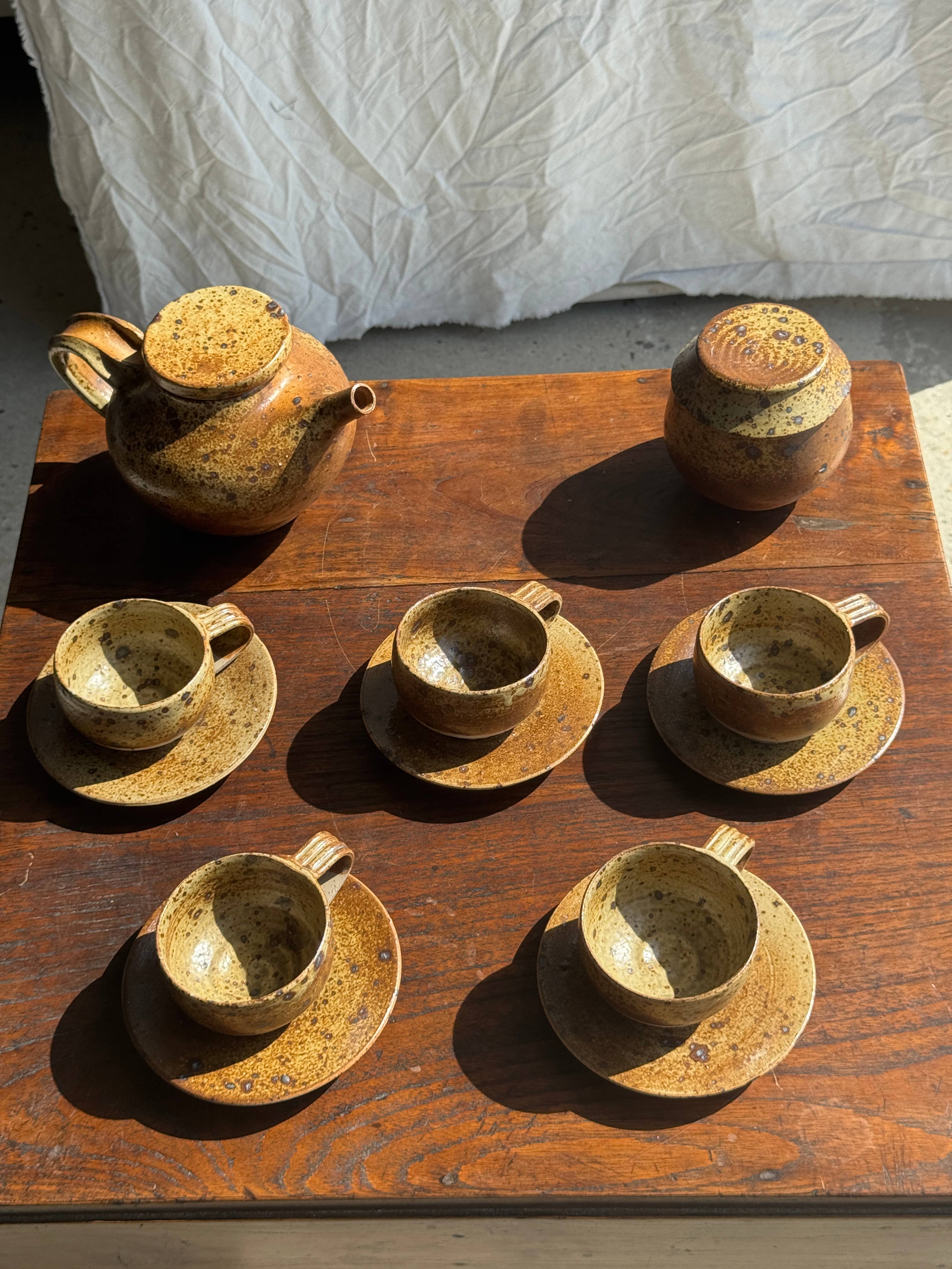 brown Small stoneware tea set with teapot, cups, sugar bowl for wholesale on Faire22
