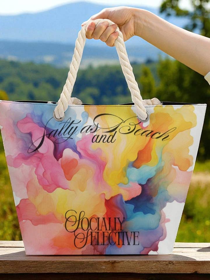 Salty as a Beach & Socially Selective Tote Bag | Watercolor Splash Beach Bag for wholesale by DTrendy shop
