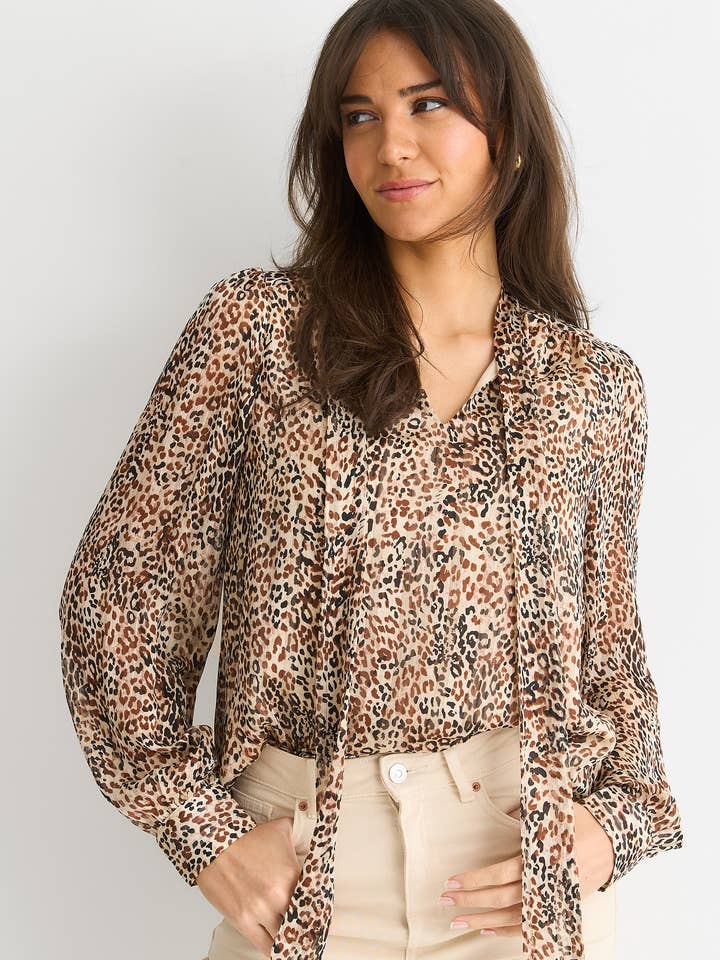 Blouse à manches longues à imprimé animal marron avec nœud au cou pour la vente par GINI LONDON