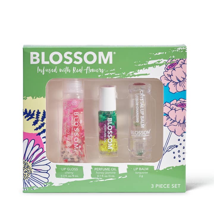 Blossom Beauty - Wholesale Lip Gloss - 3 Piece Set - Moisturizing Lip Gloss, Mini Roll-on Perfume Oil, Color-Changing Lip Balm0