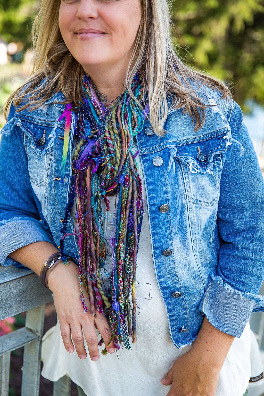 Scarves of Westwood - Wholesale Scarf - Women's - Vibrant Multi-Colored Long Scarf with Deep Purple Beads