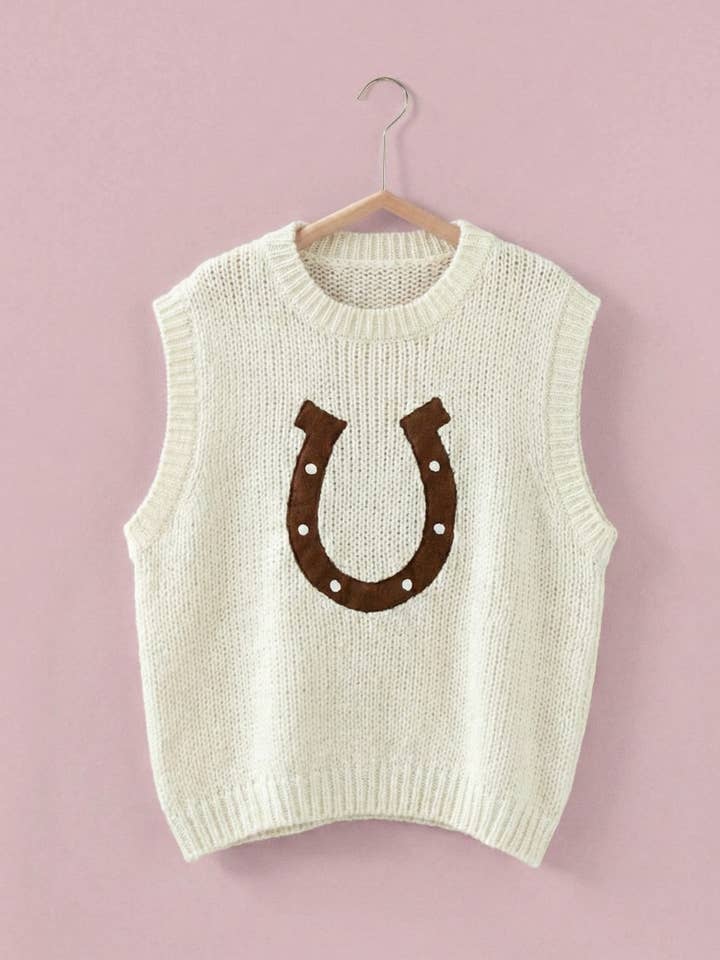 Urban Daizy - Wholesale Sweater Vest - Women's - Western Horseshoe Crochet Knit Ribbed Trim Sweater Vest5