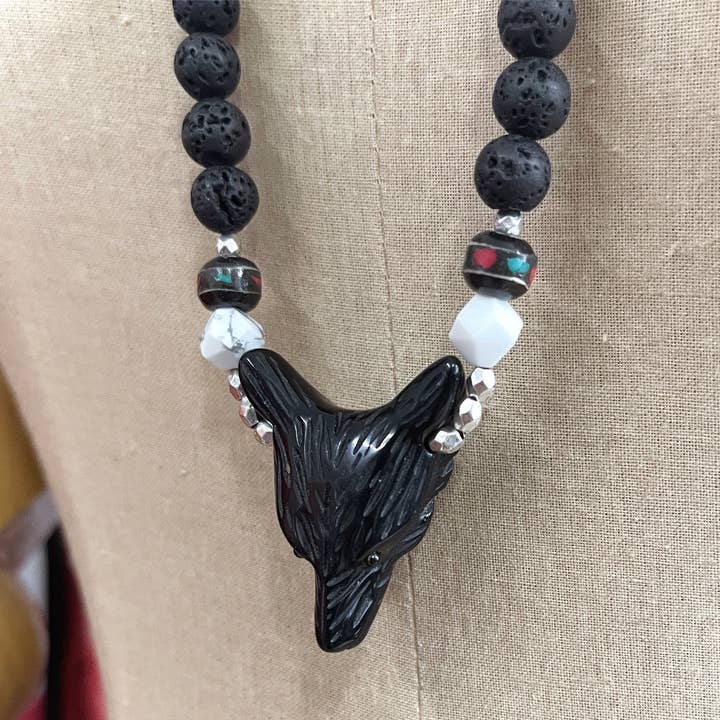 Wolf Black Obsidian Convertible Length Necklace for wholesale by Peace Love Bling