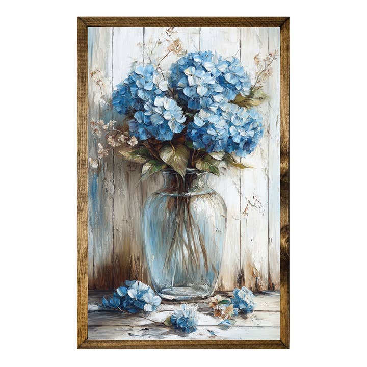 TIMBERLAND RAHMEN BLAUE HORTENSIE VASE GERAHMTE HOLZWANDKUNST für den Großhandel von Jarmz Designs