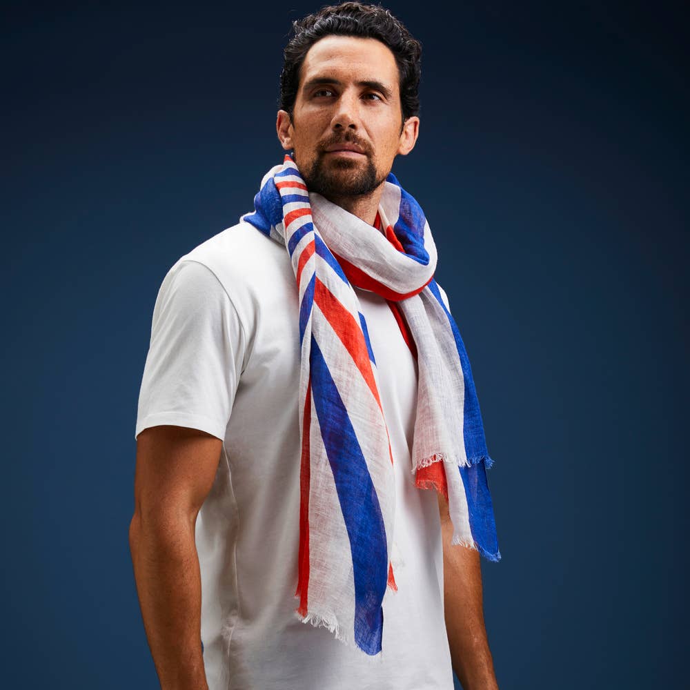 AV08 PARIS - Wholesale Scarf - Unisex - BLUE WHITE RED NAVACELLES SCARF – TRICOLOR PRINT LINEN1