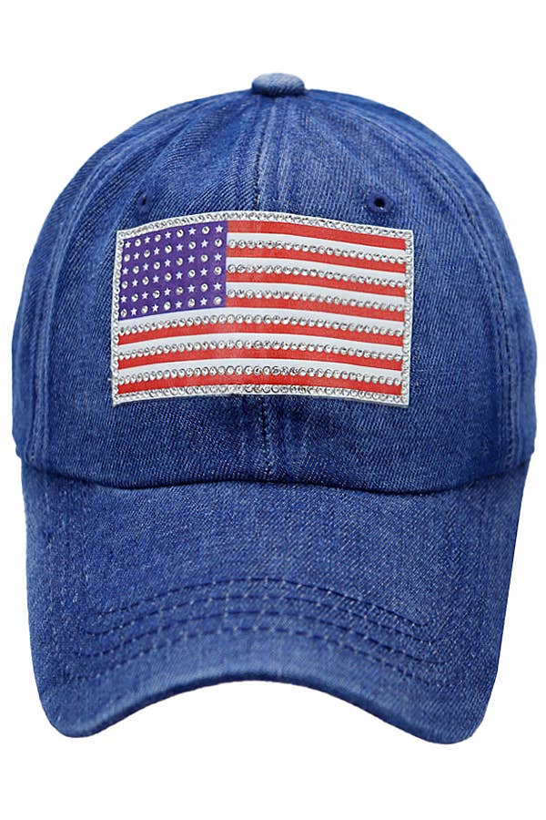 Cap Zone - Wholesale Baseball Cap - Unisex - American Flag Rhinestone Patch Washed Denim Baseball Cap13