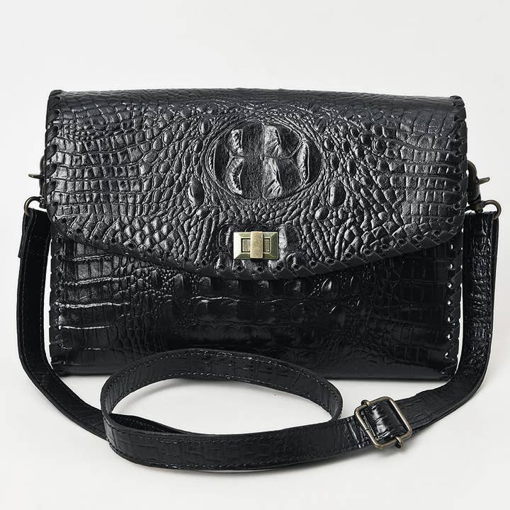 LS Western - Wholesale Crossbody bag – Women's - ADBG1526 Black Croc-Embossed Leather Crossbody Bag - Western Structured Flap Purse3