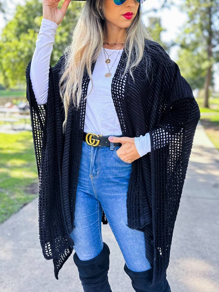 Black 3D Texture Lace Knit Detail Soft shawl Kimono Cardigan for wholesale on Faire