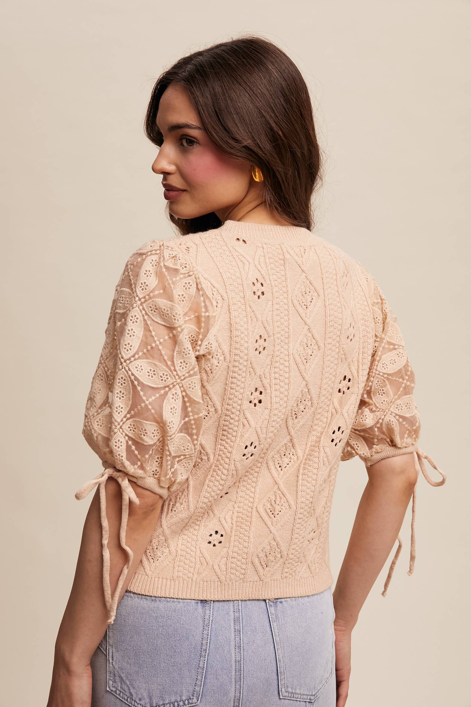 Listicle – Pulôver - Mulher por atacado – Top de Malha com Mangas Bufantes e Ilhós8