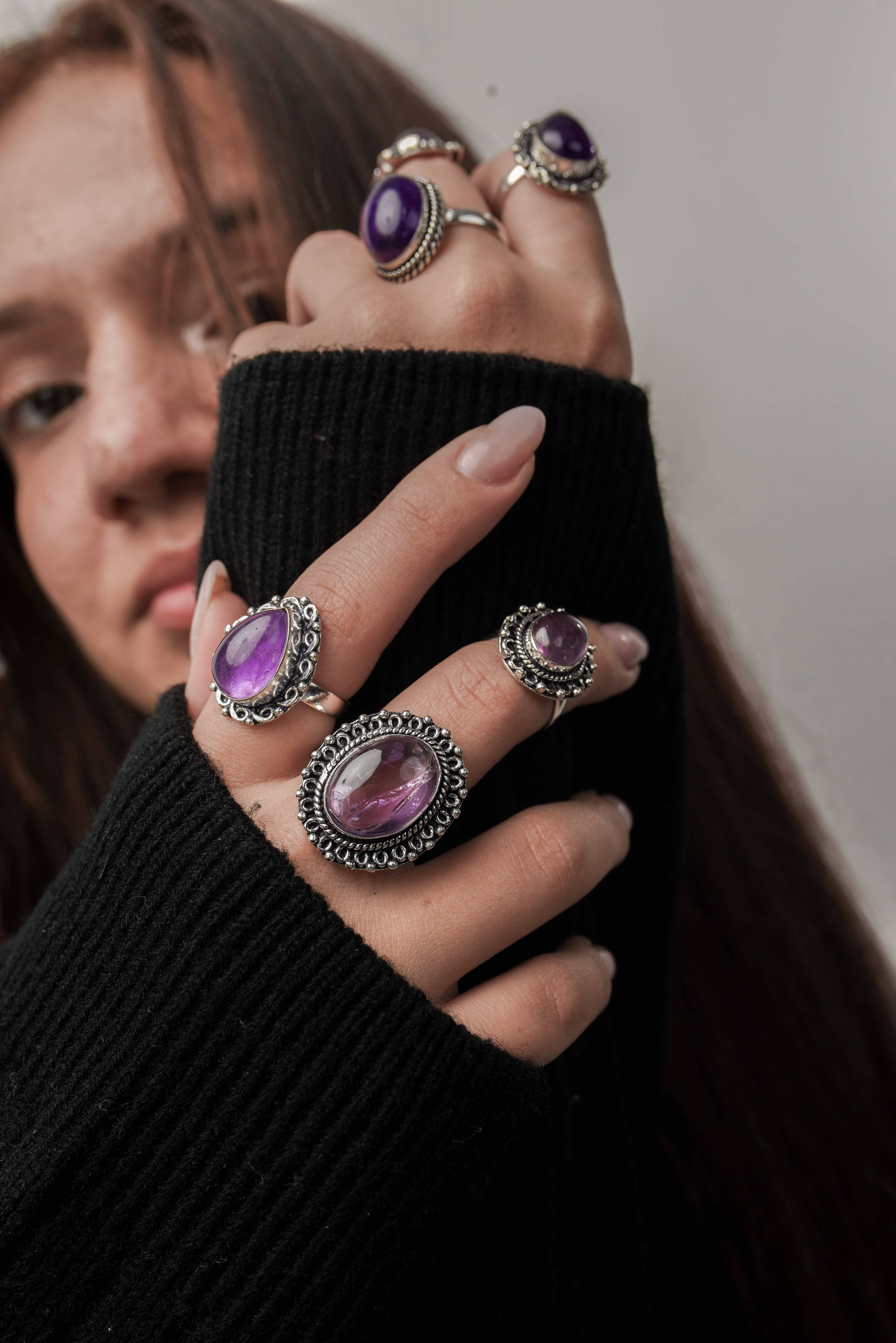 Handmade Jewels - Wholesale Cocktail/Statement Ring - Amethyst Rings for Women – Silver-Plated, Handmade, Deep Purple (US Sizes 6–10, Non-Adjustable)2