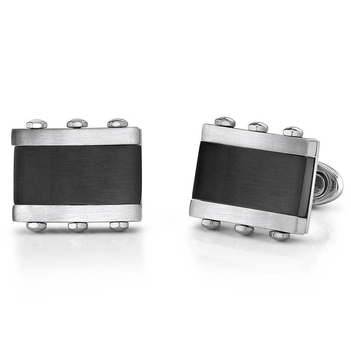 Peliani - Wholesale Cufflinks - Stainless Steel Rectangular Cufflinks with Black Onyx Inlay0