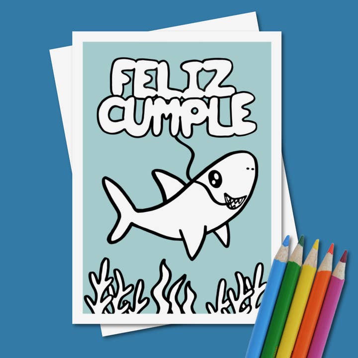 Calamari Inc. - Venta al por mayor Tarjetas de cumpleaños - Tarjeta de cumpleaños en español a color, feliz cumple shark1
