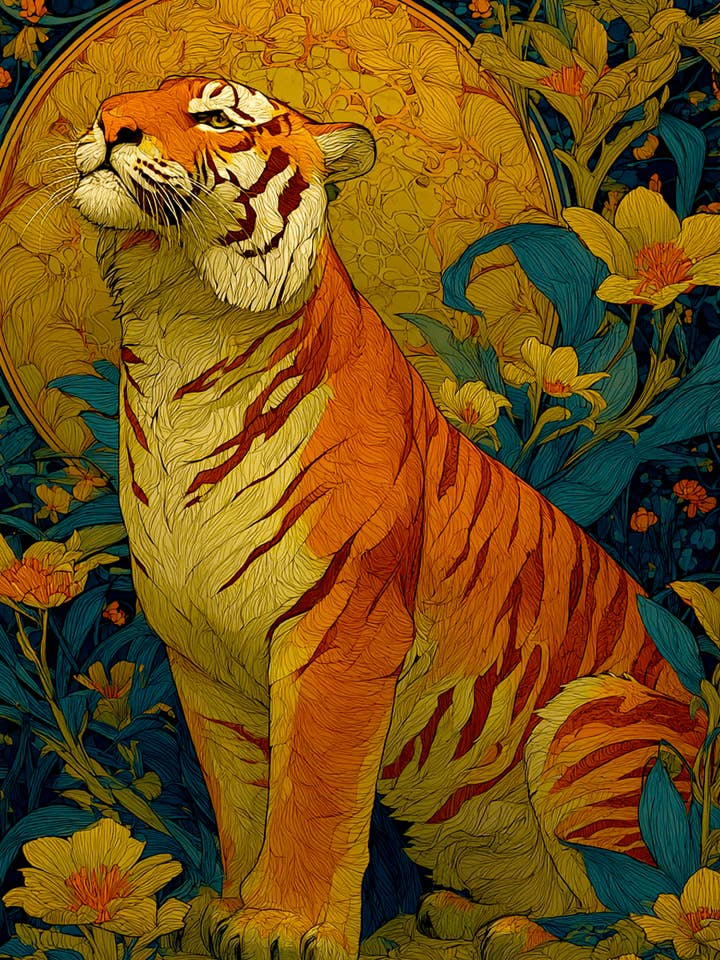 Nouveau Tiger - Zoo Dyr - Biophilic Wildlife Kunsttryk - 8"x10" Kunstværk til 11"x14" Ramme for engroshandel hos Mowbi