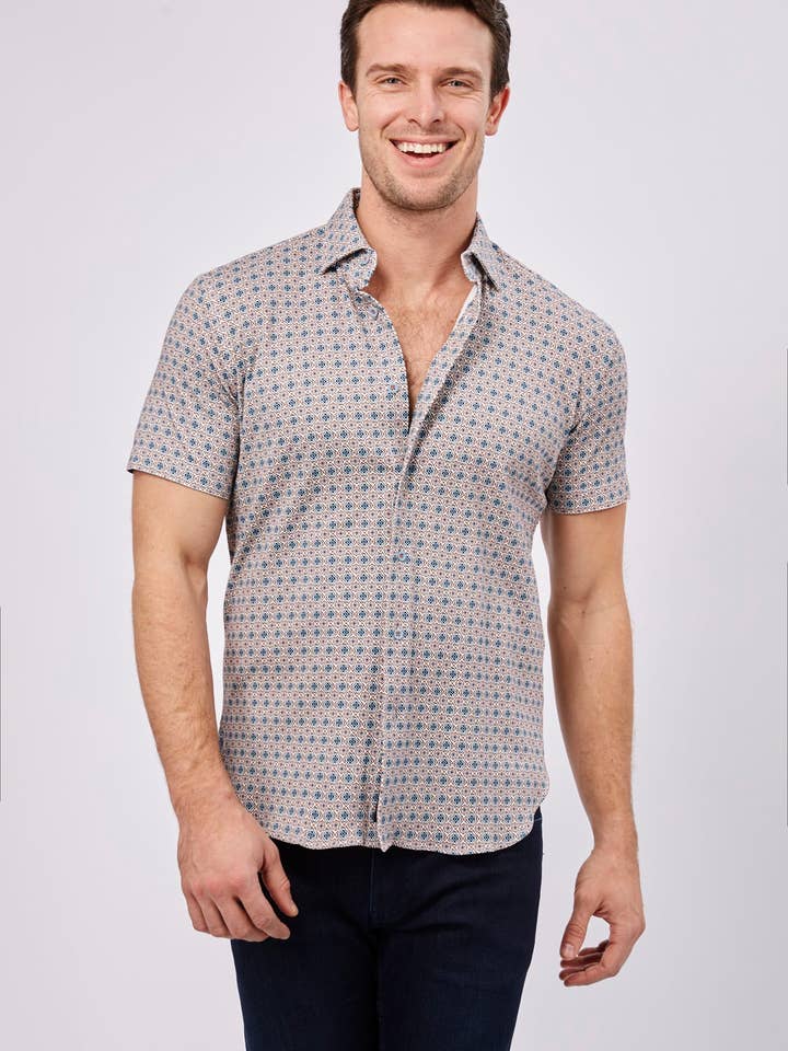 Max Colton Naranja, Marrón, Azul y Marino Diseños Florales Manga Corta Punto Jersey para venta al por mayor de Luchiano Visconti