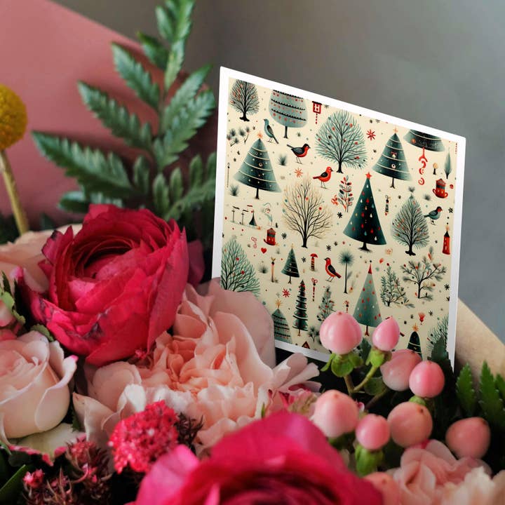 3dRose - Vendita all'ingrosso Biglietti di auguri generici - 3dRose, Un motivo natalizio stravagante con uccelli e alberi di Natale vintage. , Biglietto di auguri