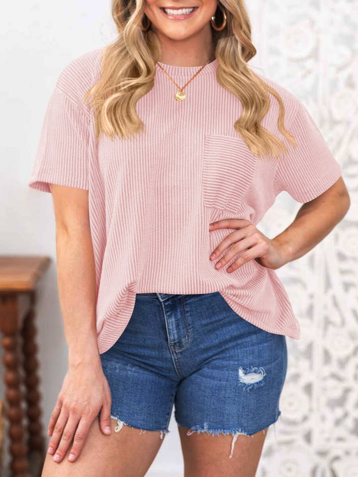 Rosa Clothing - Wholesale T-Shirt - Women's - Casual Wavy Striped Pocket T-Shirt