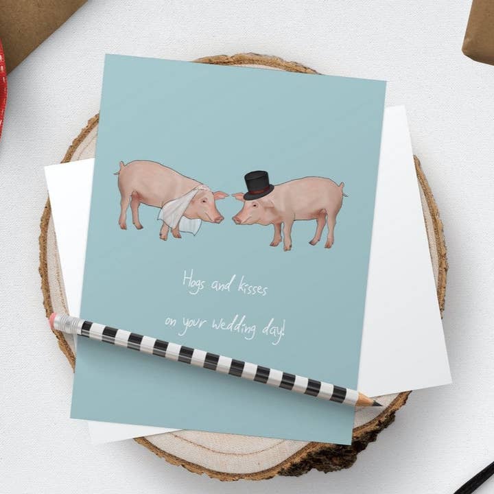 “Hogs and kisses” Pig Wedding Card for wholesale by Silly Goose Designs