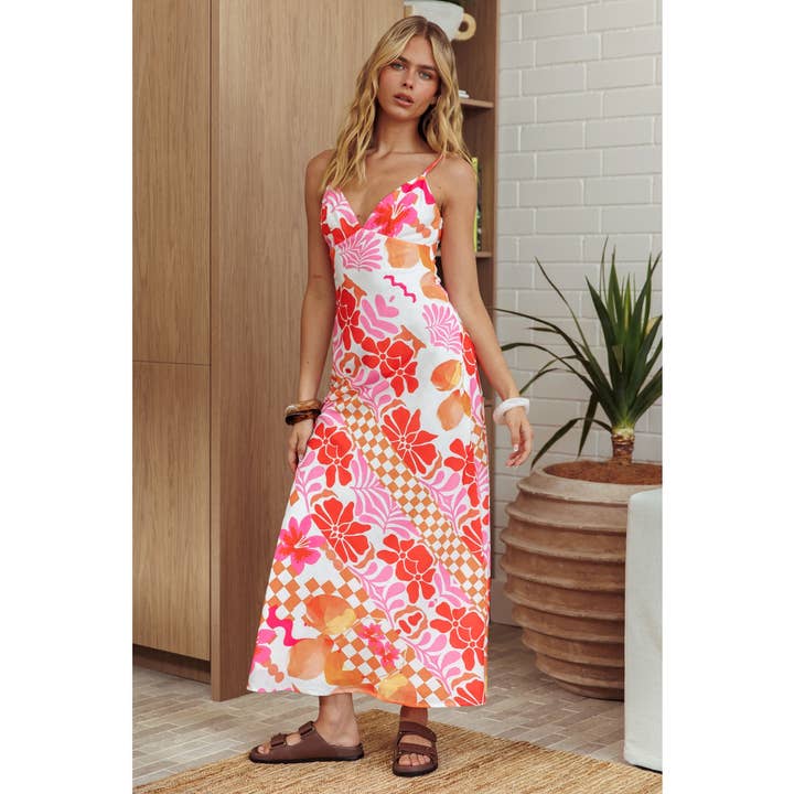 ORANGE VIBRANT FLORAL MAXI DRESS for wholesale on Faire