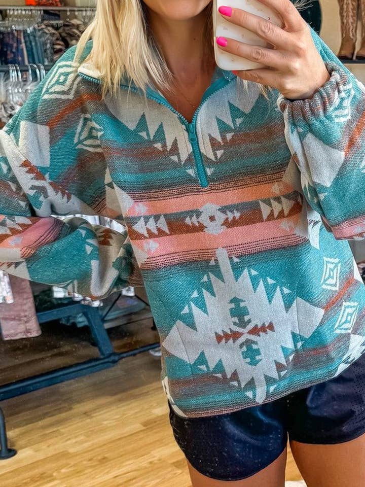Western Aztec Quarter-Zip Elastic Cuffs Sweatshirt for wholesale by PRETTY BASH