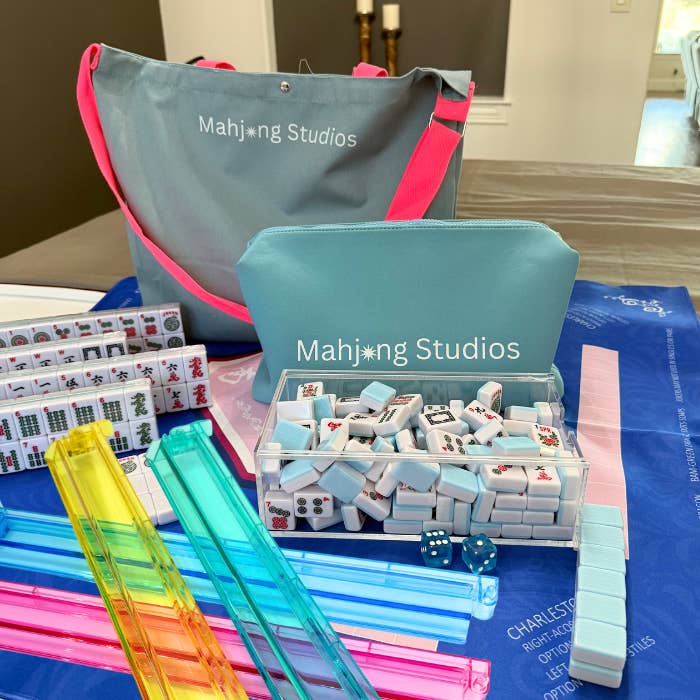 All In One - Mahjong Bundle - American Mahjong Set 166 2-Color Tiles - Blue & Pink Bag Blue Mat for wholesale by Mahjong Studios