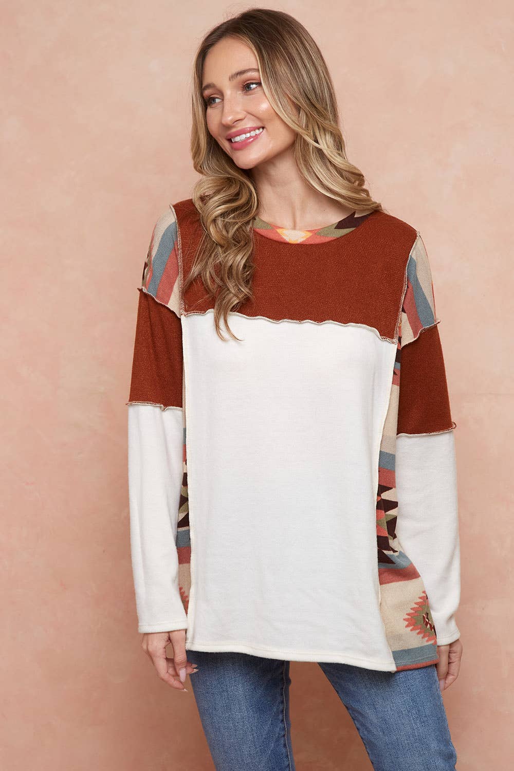 Moonshot Clothing - Wholesale Tunic - Women's - MST2977-DELFI AZTEC COLORBLOCK PULLOVER1