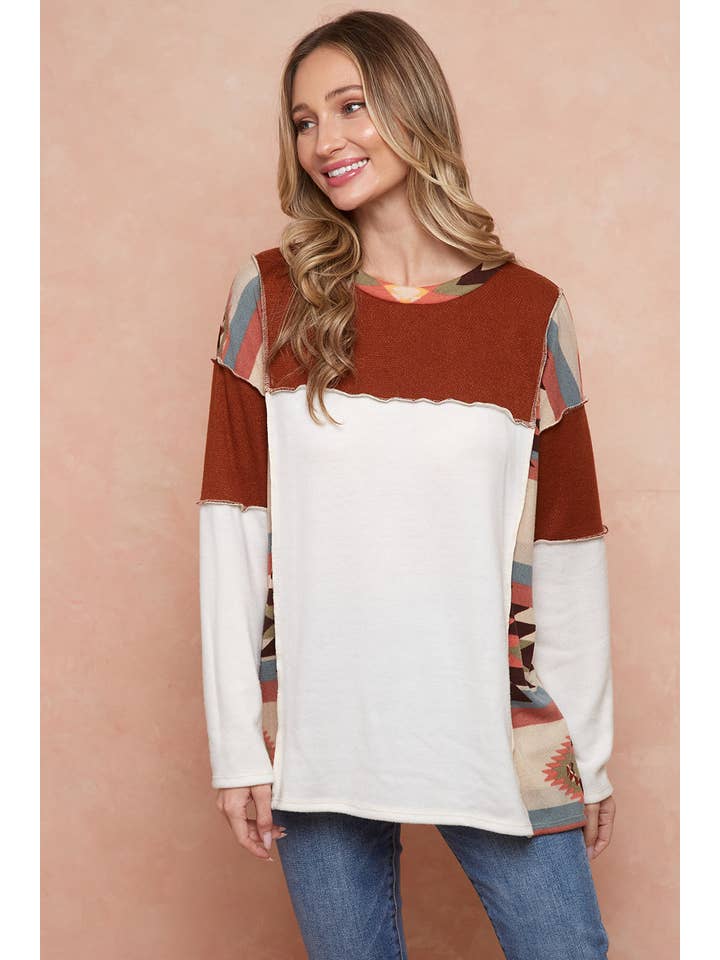 Moonshot Clothing - Wholesale Tunic - Women's - MST2977-DELFI AZTEC COLORBLOCK PULLOVER1