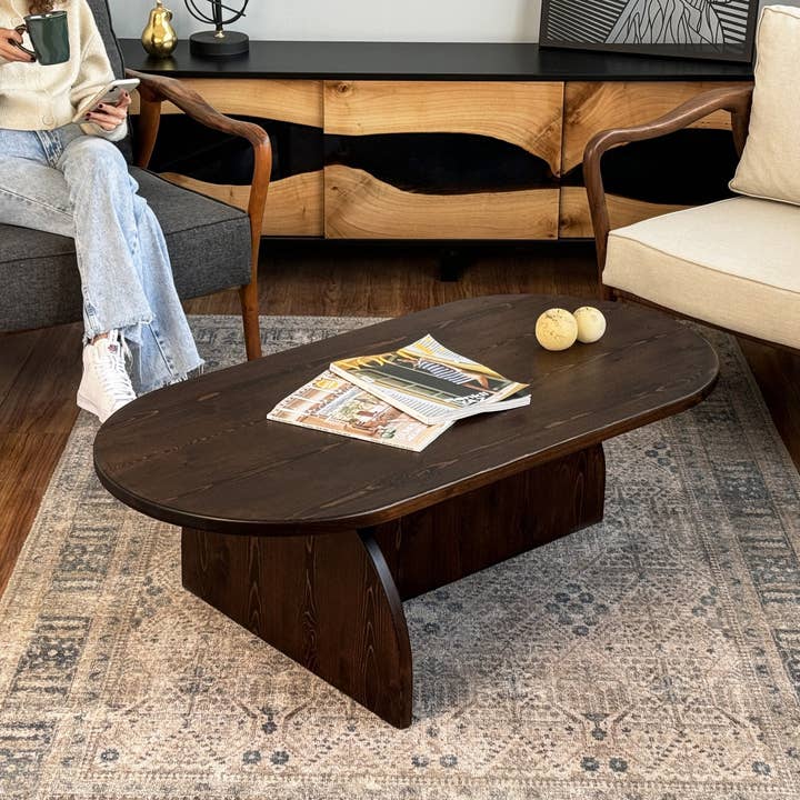 Ultimate Premium Products - Venta al por mayor Mesas de centro - Mesa de café ovalada estilo Japandi - Sala de estar estilo japonés