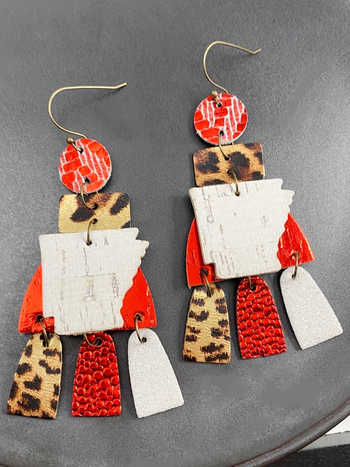 Red & White Arkansas Chandeliers | AR large leather earrings for wholesale by Anabelle+Oak