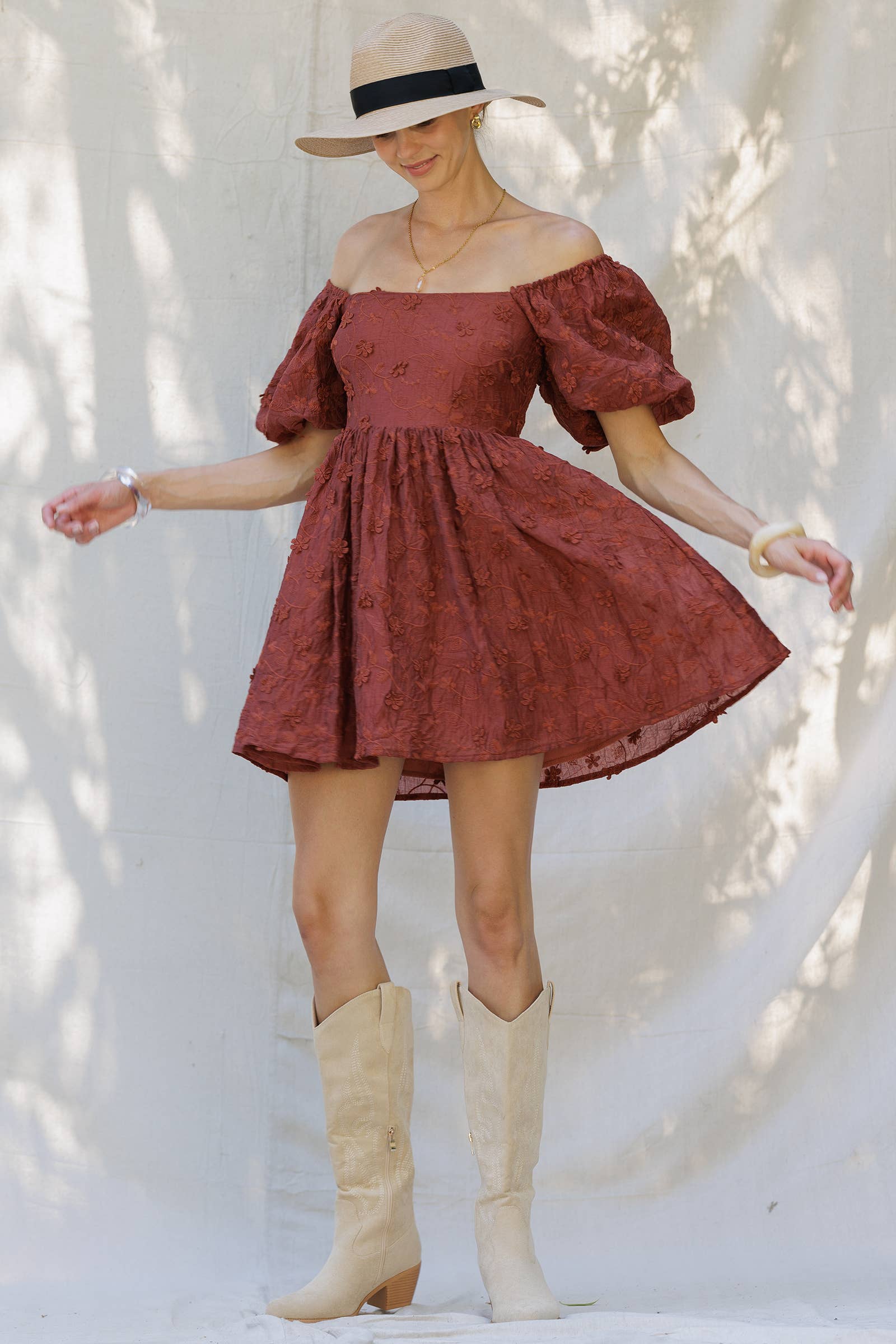 RUST YD5019 Embroidered Puff Sleeve Off-Shoulder Mini Dress for wholesale on Faire1