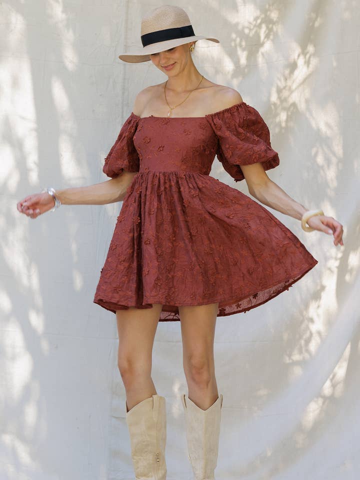 RUST YD5019 Embroidered Puff Sleeve Off-Shoulder Mini Dress for wholesale on Faire1