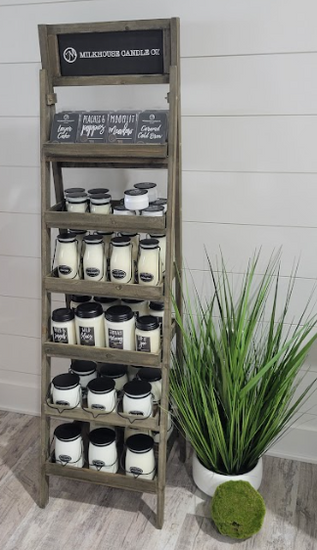 Milkhouse Candle Company - Wholesale Retailer Display Stand/Case - Retail Ladder Display Shelf1