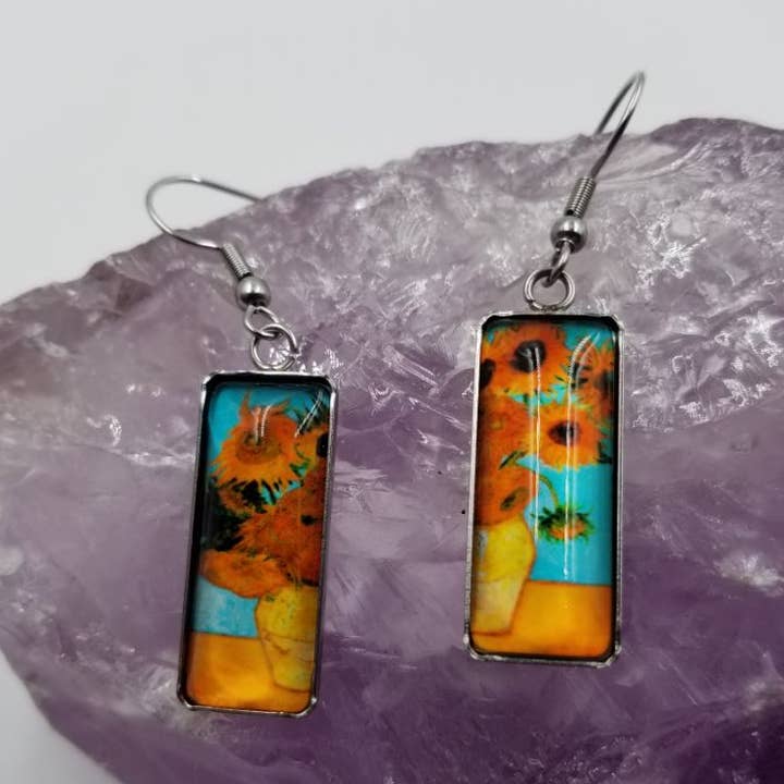 Sunflower Painting Rectangle Earrings for wholesale by magnolia jewelry