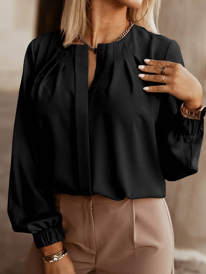 FULL TIME PURCHASE - Wholesale Blouse - Women's - Crew Neck Gathered Stretch Cuff Shirt