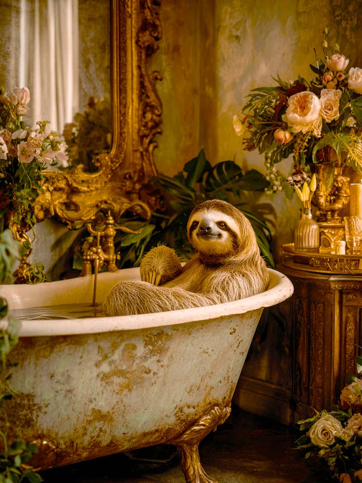 Stampa d'Arte Decorativa per Bagno con Bradipo nella Vasca - Opera 8"x10" per la vendita all'ingrosso da parte di Mowbi