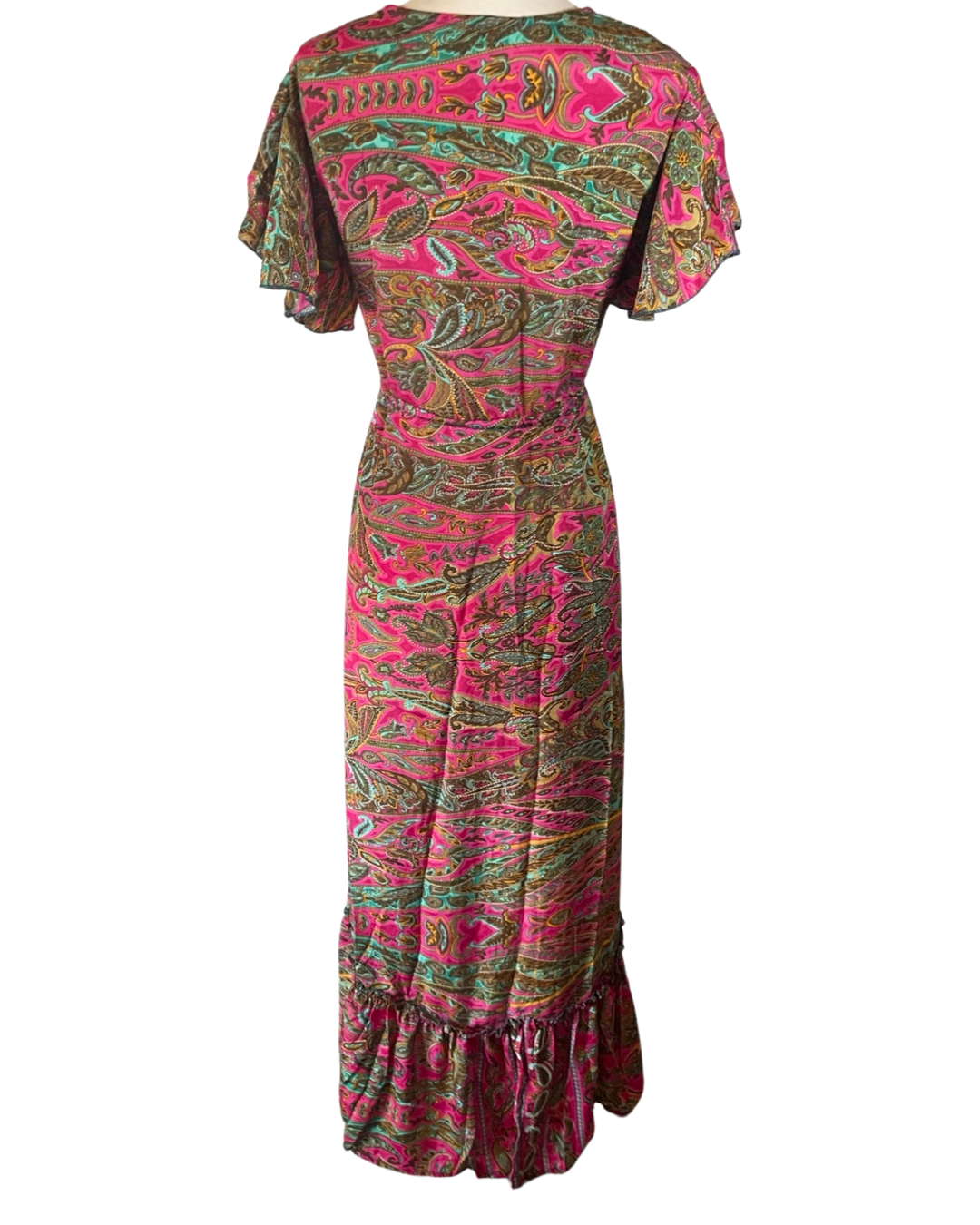 Pink and Silver - Venta al por mayor Vestido - Mujer - Vestido maxi de seda con volantes y mangas de mariposa (fucsia-marrón)2