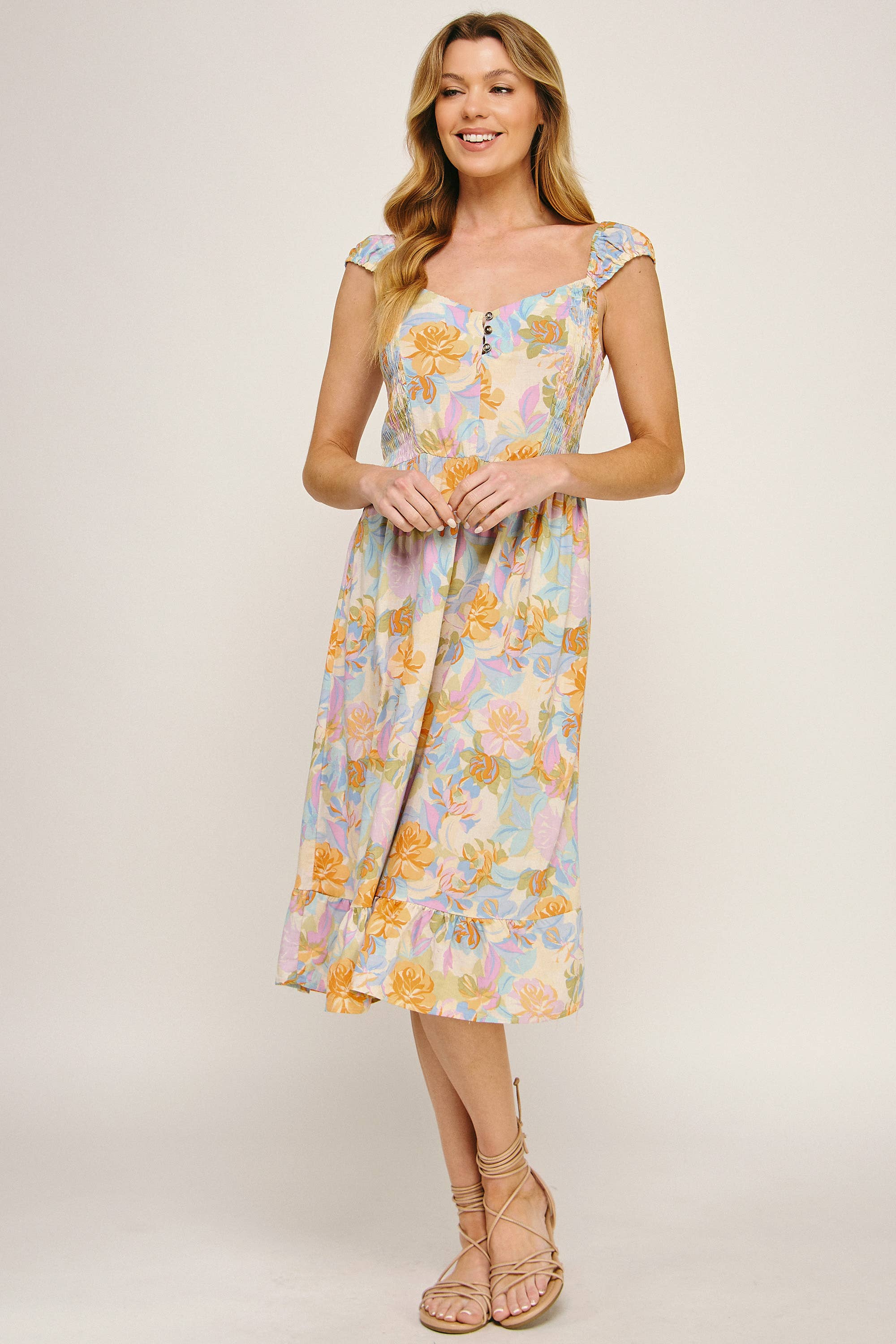 IVPEM ANTIKES ROSENBEDRUCKTES MIDIKLEID MIT ELASTISCHEN ÄRMELN für den Großhandel auf Faire9