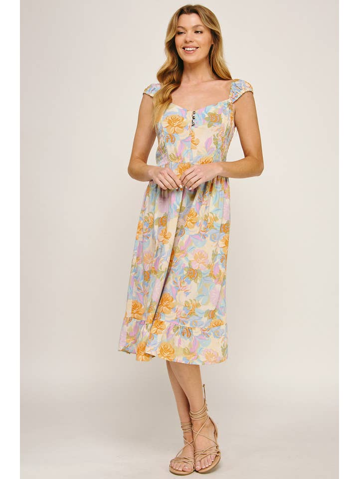 IVPEM ANTIKES ROSENBEDRUCKTES MIDIKLEID MIT ELASTISCHEN ÄRMELN für den Großhandel auf Faire9