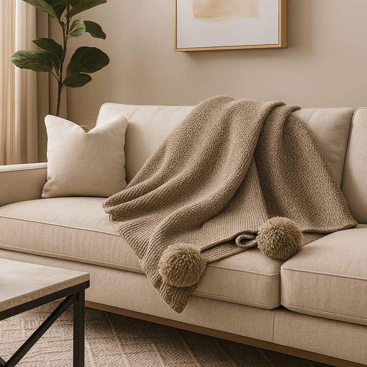 Fennco Styles - Wholesale Throw Blanket - Khaki Chunky Knit Pom Pom Throw Blanket0