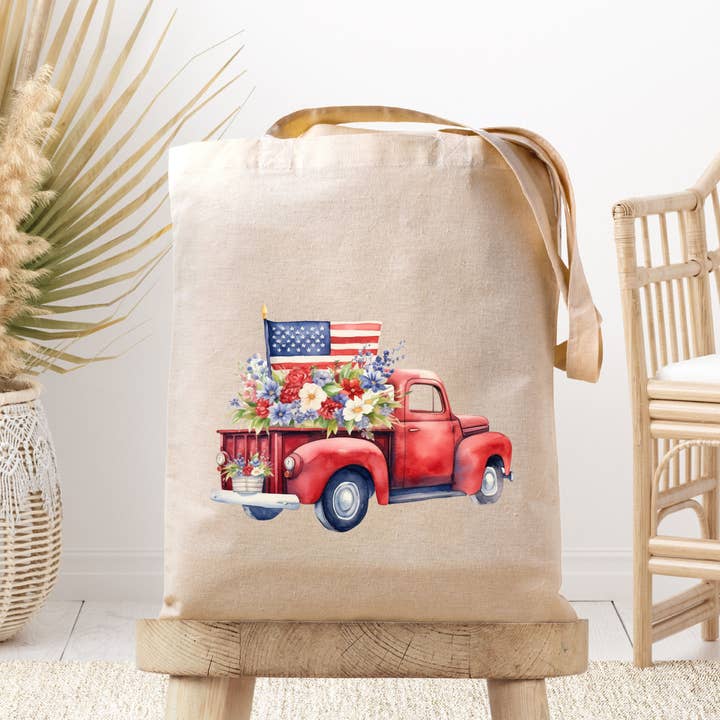 Dark Horse Dream Designs LLC - Wholesale Tote Bag - Women's - Patriotic Truck / Red Truck / Flag Pick Up Canvas Tote Bag