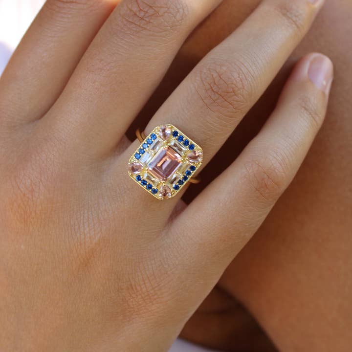 Vivian Grace Jewelry - Wholesale Cocktail/Statement Ring - Sapphire Morganite Art Deco Cocktail Ring- Lab Created Gemstones3