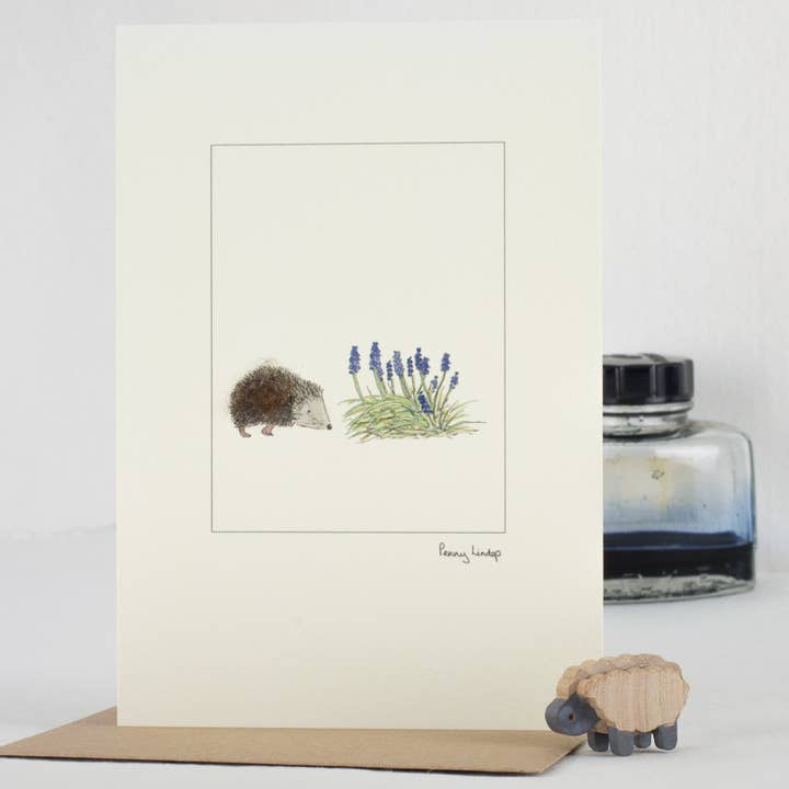 Hedgehog & Grape Hyacinths Card with Wool | Greeting Card for wholesale by Papersheep UK