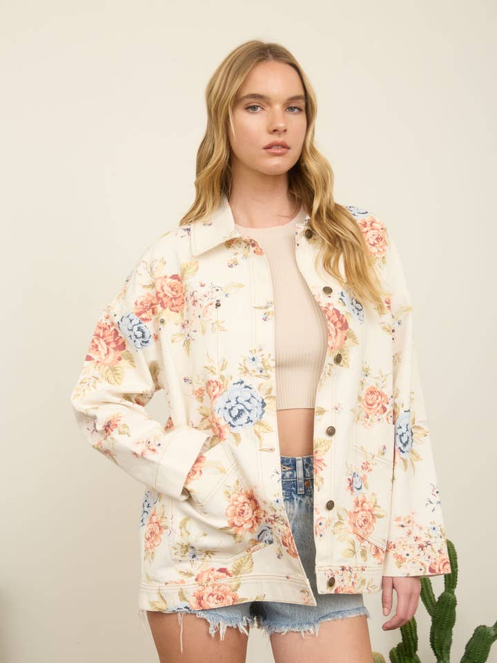 FLORAL COLLARED DENIM JACKET for wholesale by Blu Pepper