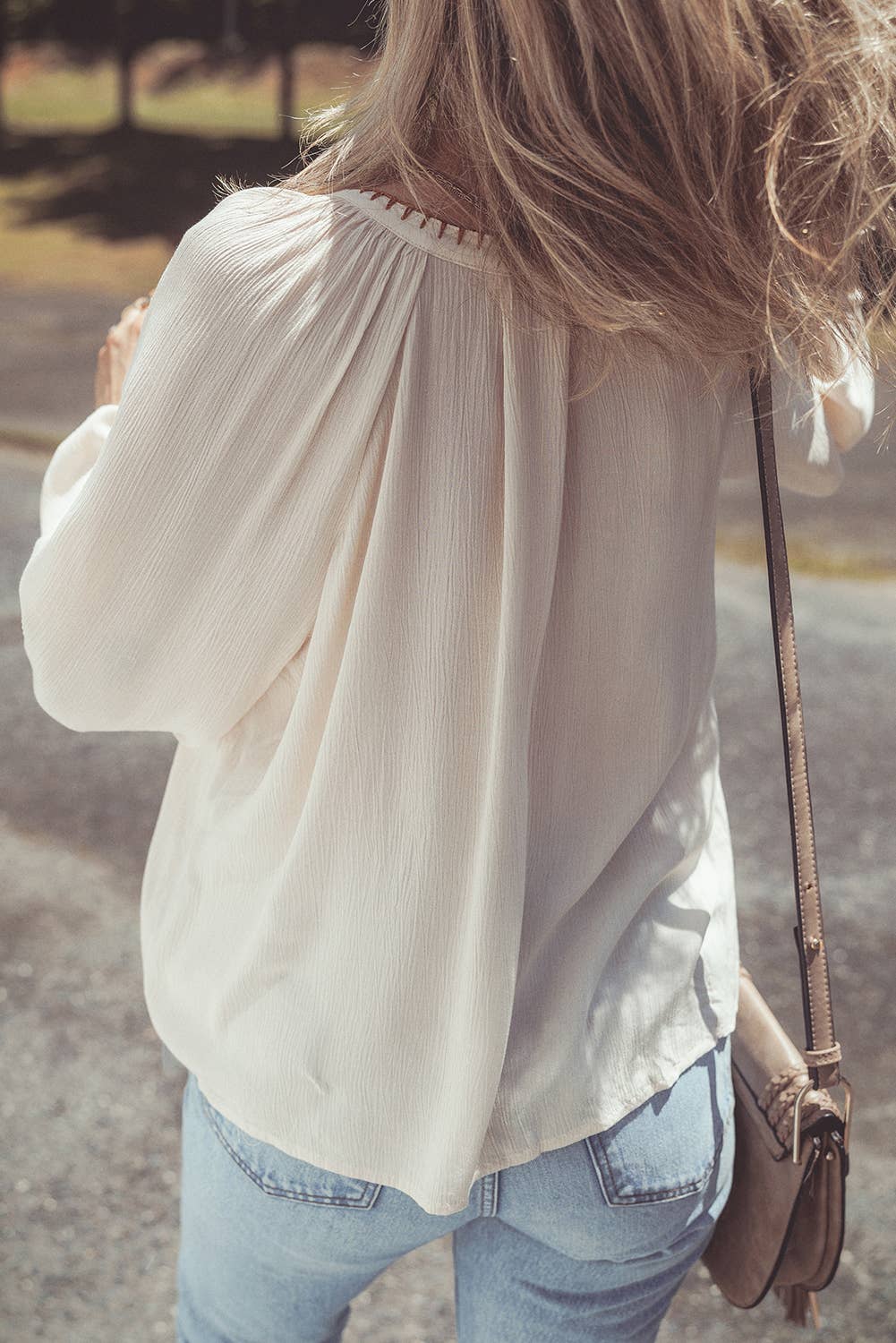 Beige Floral Embroidered Textured Spring Puff Sleeve Loose Shirt for wholesale on Faire3